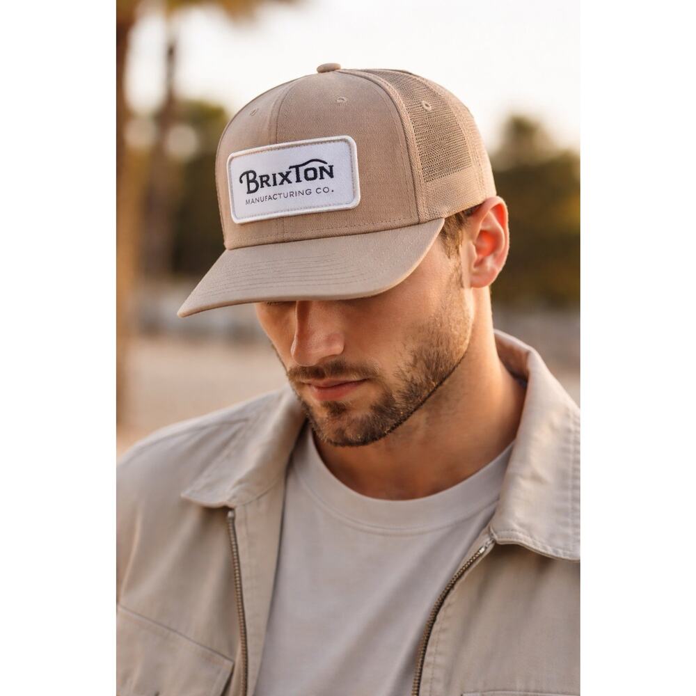 Brixton Trucker Hat Mens One Size Tan Snapback Patch Logo Cotton Blend NWT